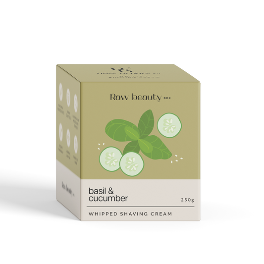 Box of Raw Beauty Basil & Cucumber whipped shaving cream on a white background