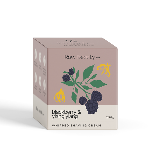 Box of Raw Beauty Box blackberry and ylang ylang whipped shaving cream on a white background