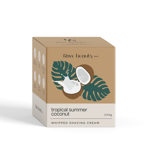 Box of Raw Beauty tropical summer coconut whipped shaving cream on a white background