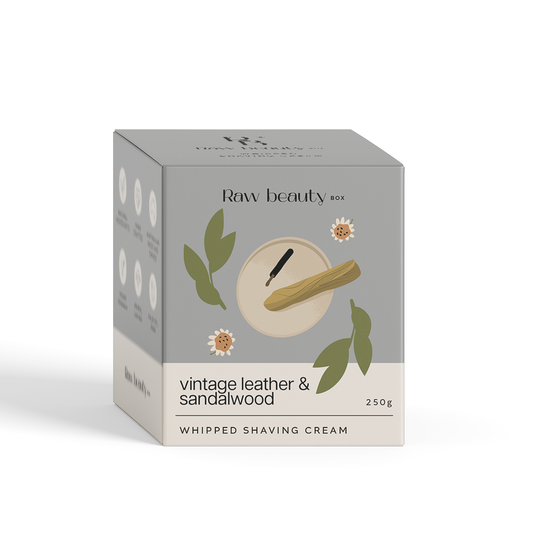 Box of Raw Beauty vintage leather & sandalwood whipped shaving cream on a white background