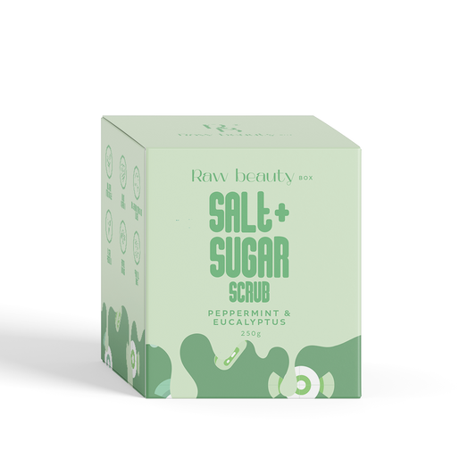 Box of Raw Beauty Salt + Sugar Scrub on a white background