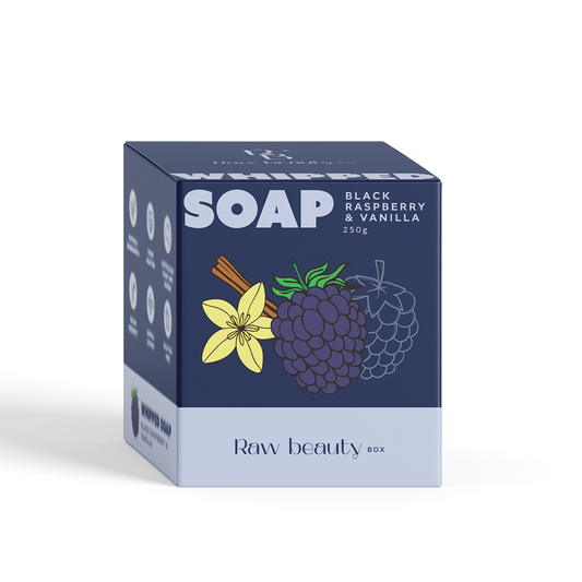 Box of Whipped Soap with Black Raspberry & Vanilla flavor on a white background