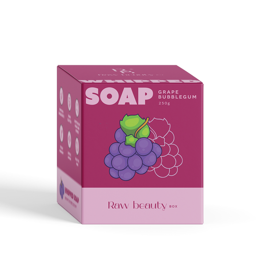 Box of Raw Beauty Grape Bubblegum soap on a white background