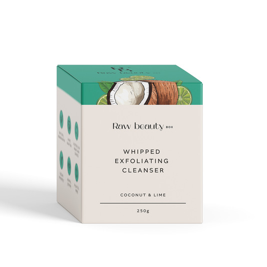 Box of Raw Beauty Box Whipped Exfoliating Cleanser with coconut and lime design on a white background