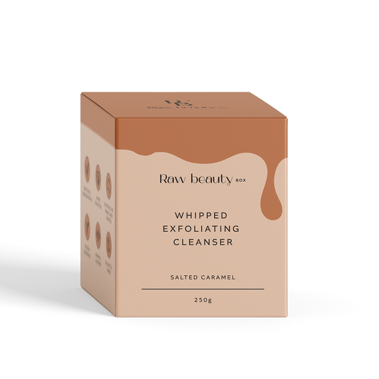 Box of Raw Beauty Box Whipped Exfoliating Cleanser in Salted Caramel flavor on a white background