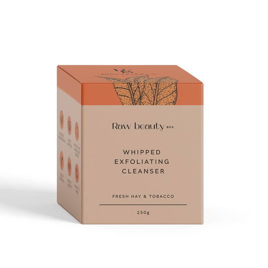 Box of Raw Beauty Box Whipped Exfoliating Cleanser with orange top and beige body on a white background