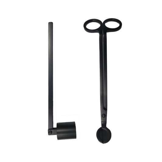 Black metal tool with a long handle and curved blade on a white background